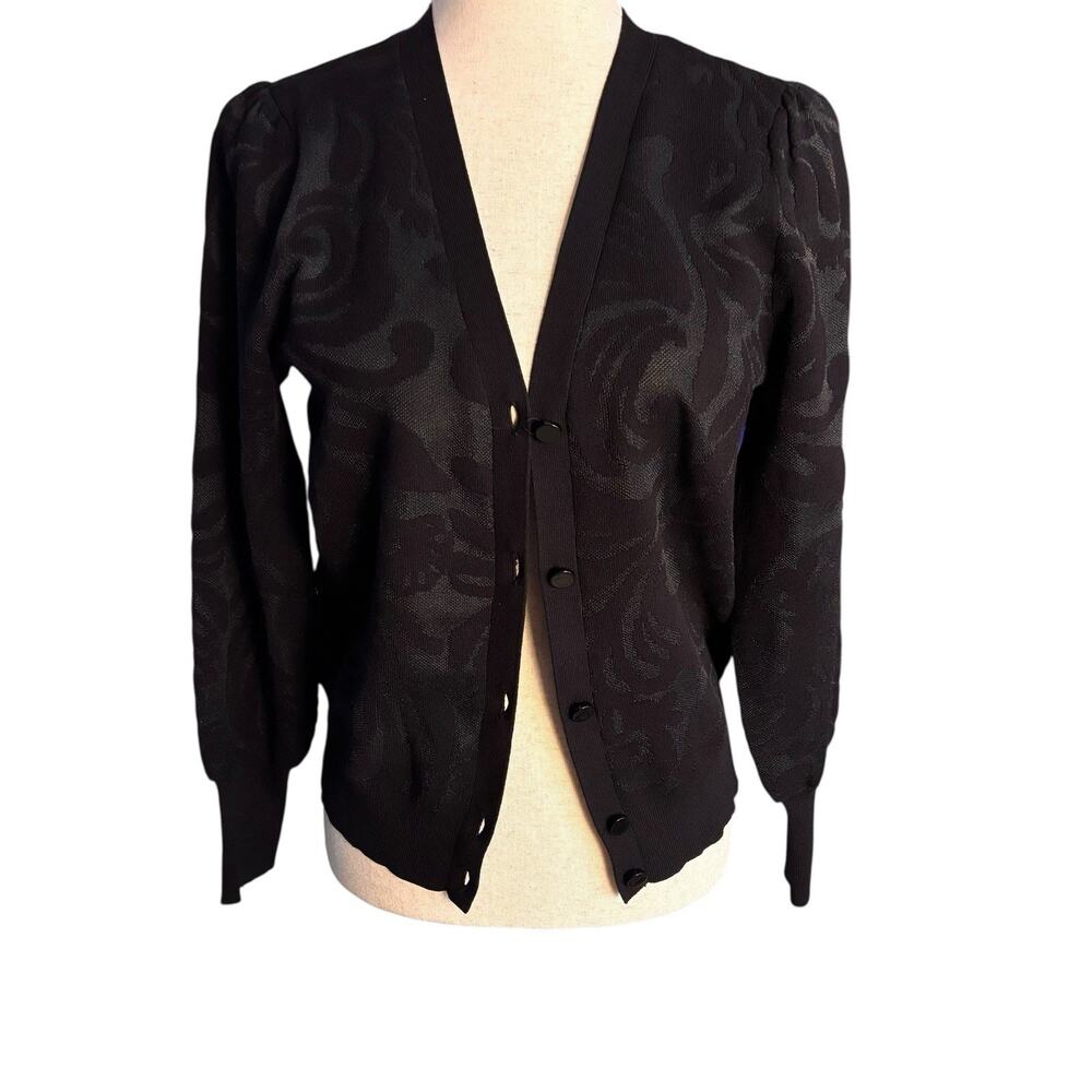 Chicos Cardigan Sweater Women 0, Small Black Button Mesh Jacquard EUC